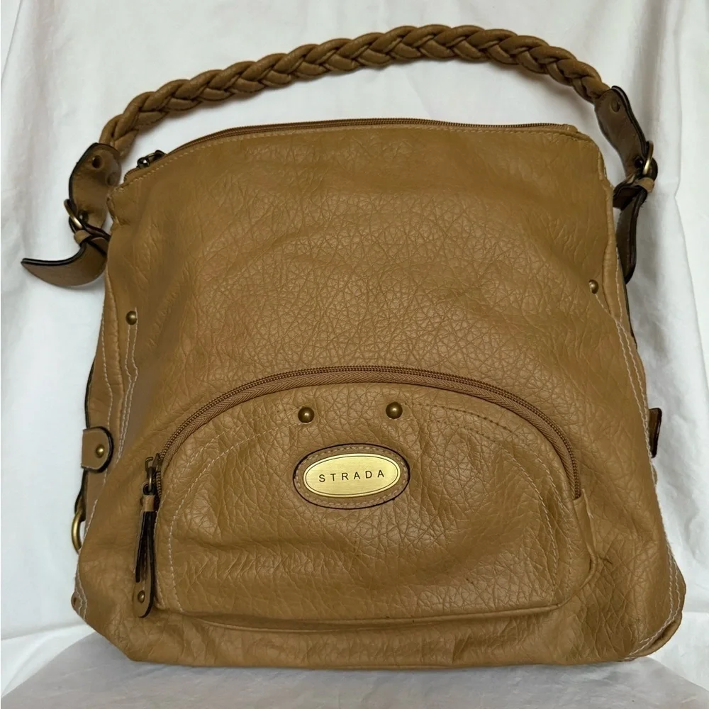Strada Tan Beige Leather Braided Handle Boho Hobo Purse